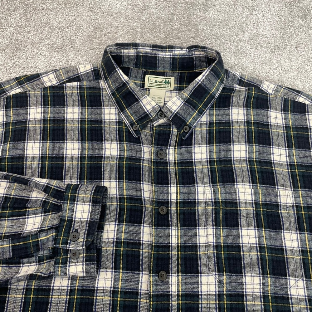 LL Bean Shirt Mens Flannel XXL Navy Green Plaid Button-Down Cabin Heritage Fall